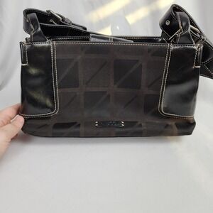 NINE & CO Black & Dark Brown Shoulderbag Print Cotton‎ Faux Leather tote buckle